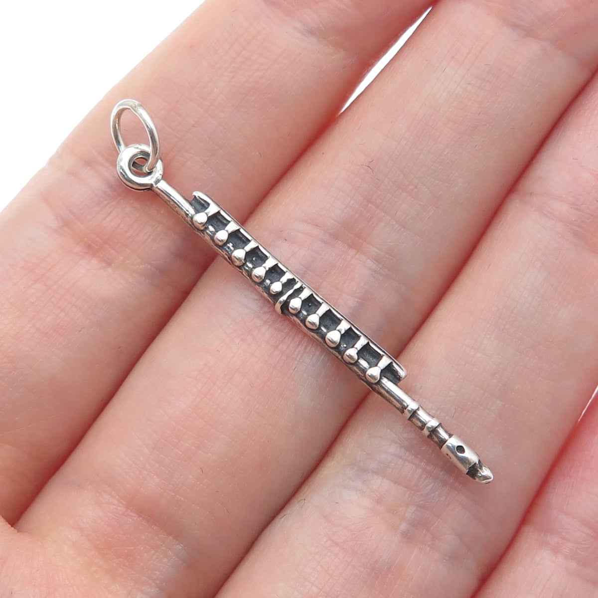 925 Sterling Silver Vintage Flute Music Instrument Oxidized Charm Pendant