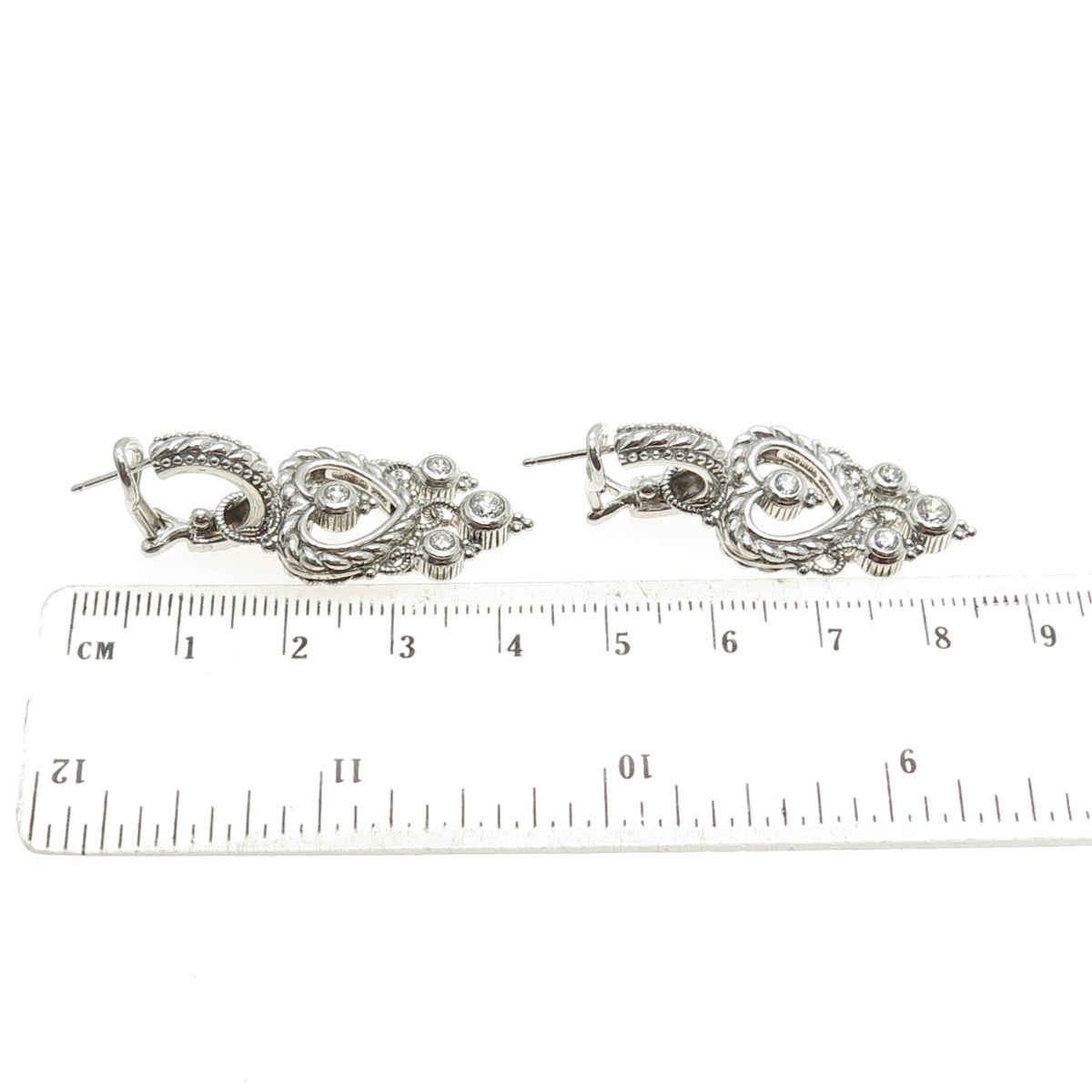 JUDITH RIPKA 925 Sterling Silver Round-Cut Shaped C Z Heart Boho Dangle Earrings
