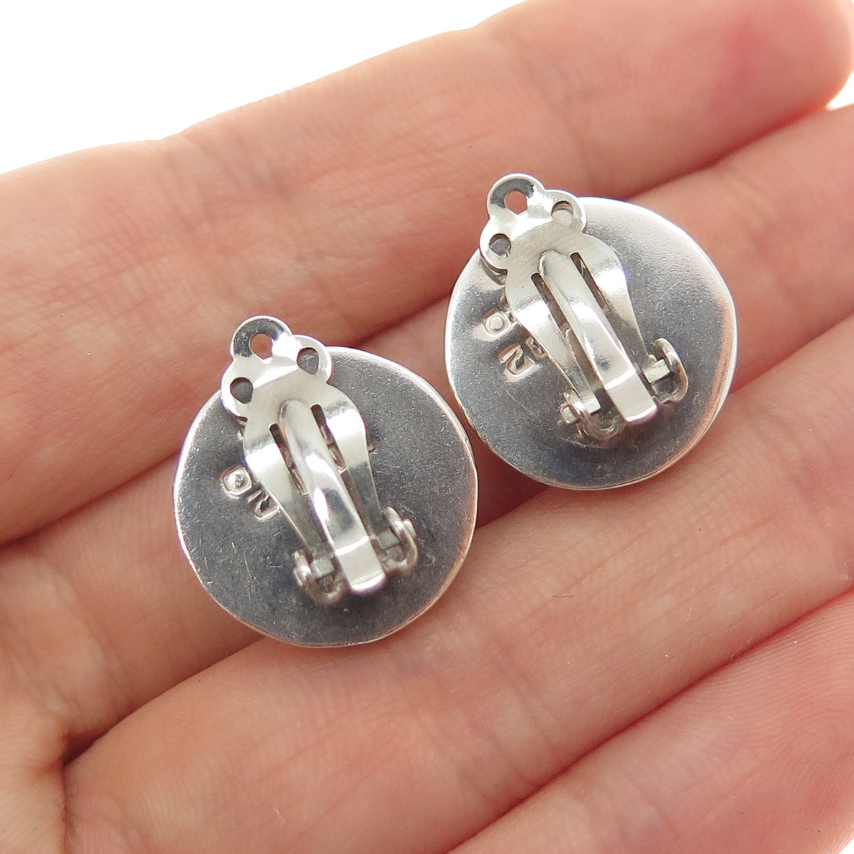 925 Sterling Silver 2-Tone Vintage Mexico Modernist Dome Clip On Earrings