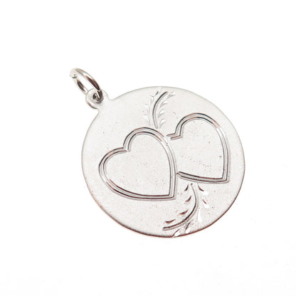 925 Sterling Silver Vintage Engraved Couple Heart Round Tag Charm Pendant
