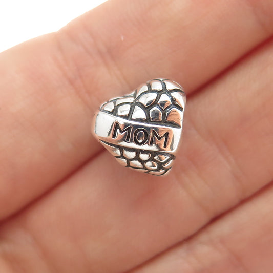 925 Sterling Silver Mom Heart Oxidized Slide Bead Charm