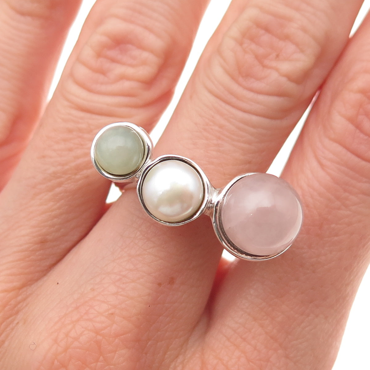 925 Sterling Silver Vintage Real Rose Quartz Jade Pearl Modernist Ring Size 7.75