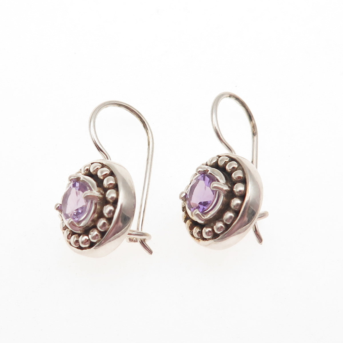 925 Sterling Silver Vintage Real Amethyst Beaded Dangle Earrings