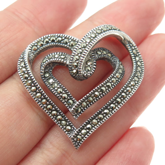 JUDITH JACK 925 Sterling Silver Vintage Real Marcasite Slide Heart Pendant