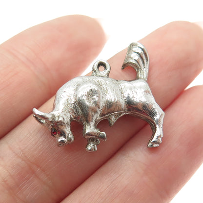 925 Sterling Silver Antique Art Deco Red Rhinestone Bull Minimalist 3D Pendant