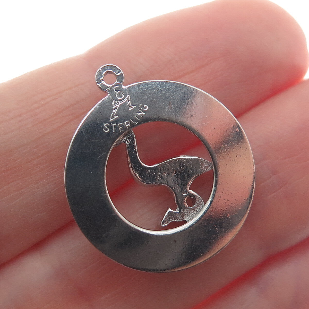 ELCO 925 Sterling Silver Vintage Flamingo Bird Minimalist Round Charm Pendant