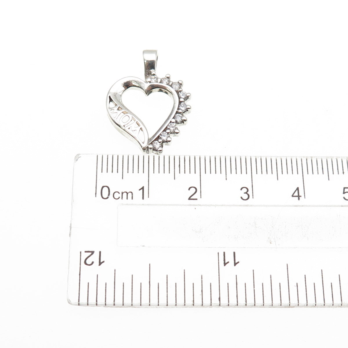 925 Sterling Silver Round-Cut C Z Mom Heart Mini Charm Pendant