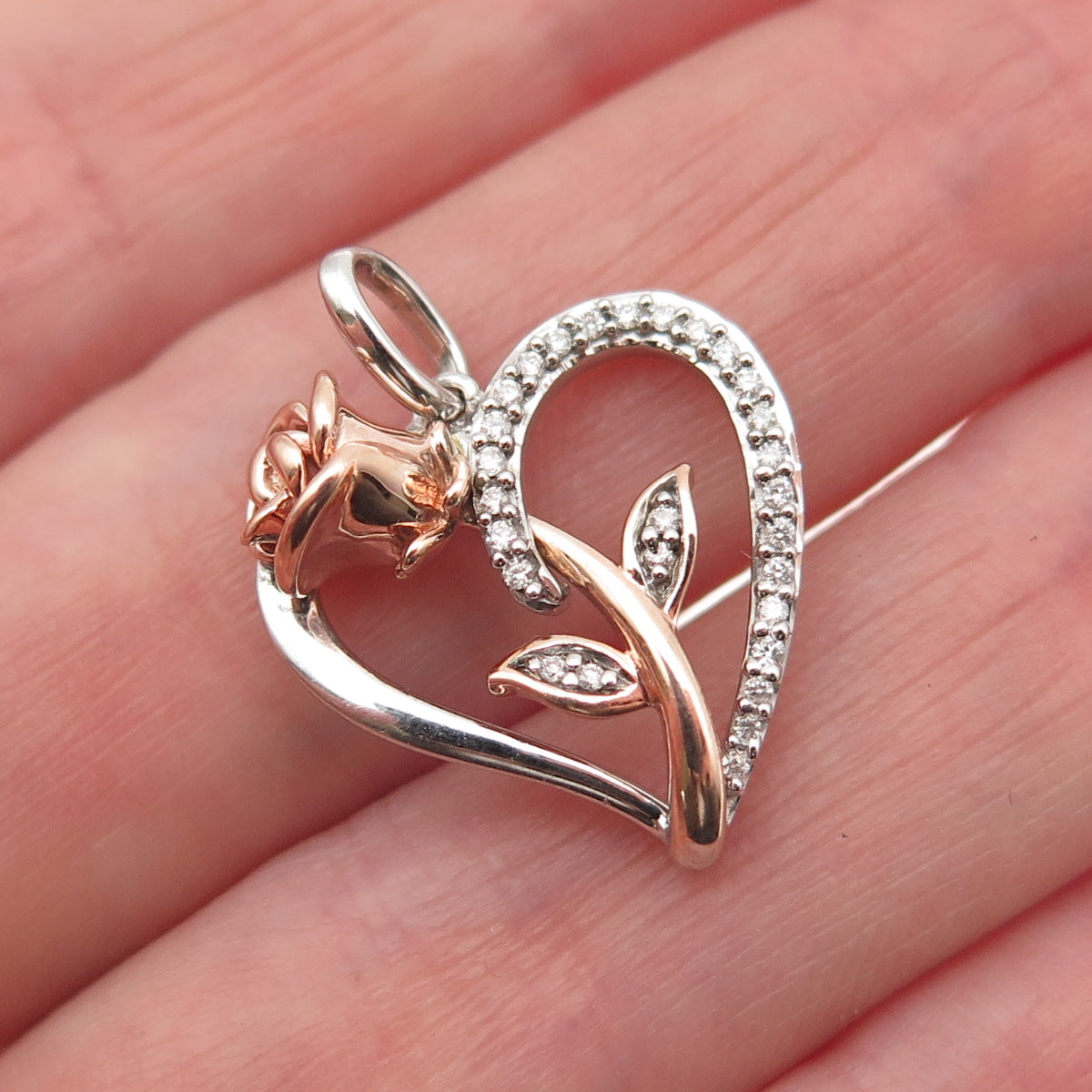 DISNEY 925 Sterling 10K Gold Real Diamond Belle Rose & Heart Mini Charm Pendant