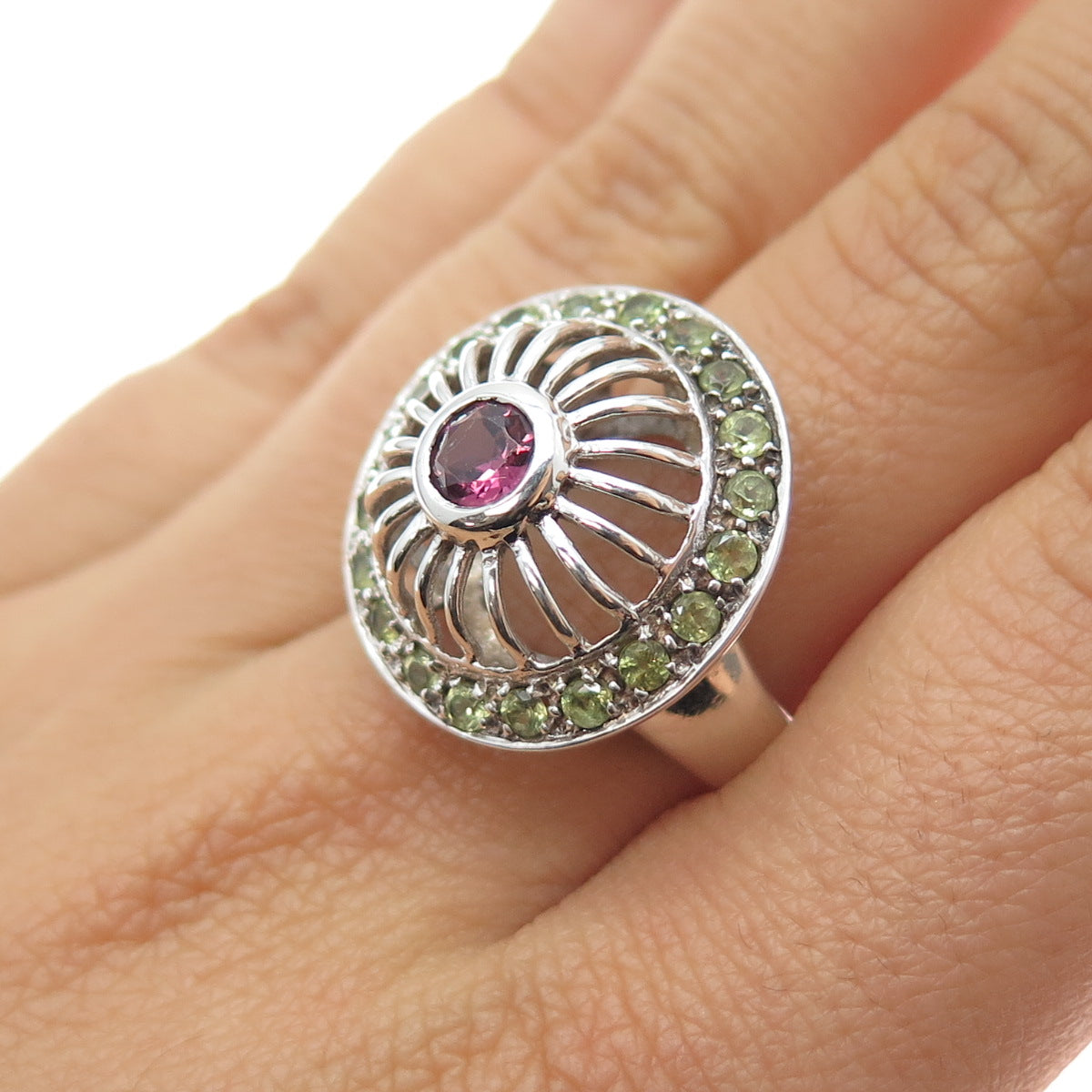 SAJEN 925 Sterling Silver Vintage Real Tourmaline & Peridot Ring Size 7.25