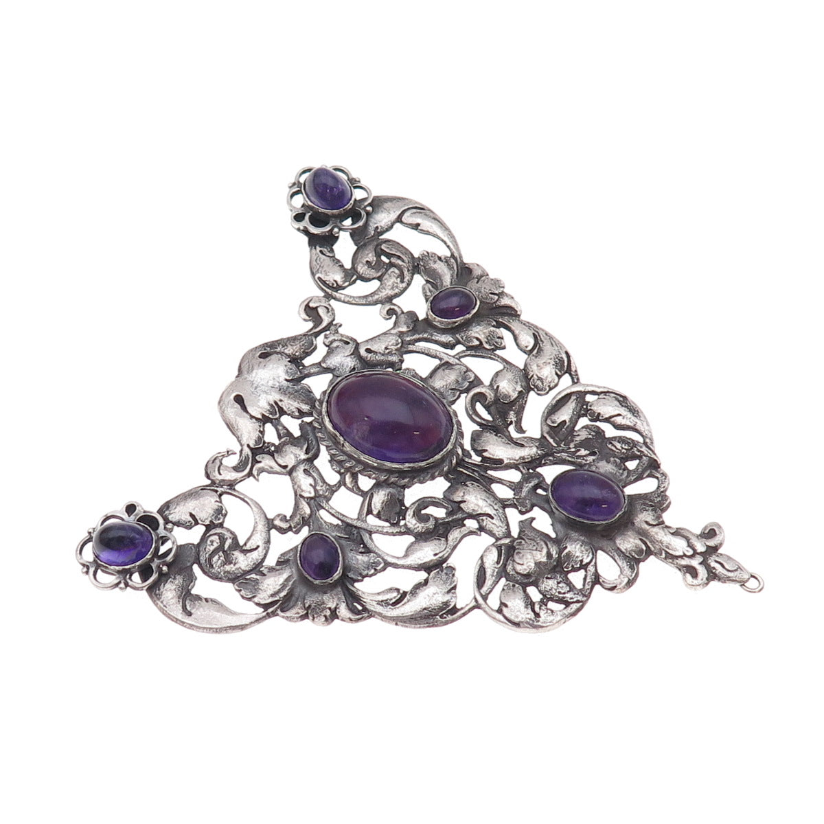 925 Sterling Silver Antique Art Deco Real Amethyst Floral Centerpiece Pendant