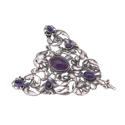 925 Sterling Silver Antique Art Deco Real Amethyst Floral Centerpiece Pendant