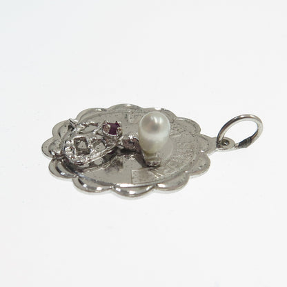 CREA Sterling Silver Vintage Real Pearl Rhinestone "Sweet Sixteen" Mini Pendant