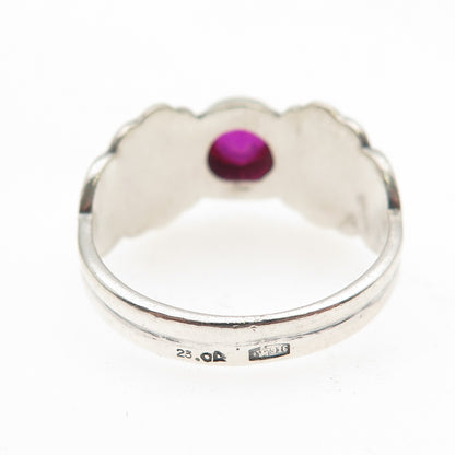 916 Silver Vintage European Lab-Created Ruby Modernist Heart Ring Size 8.25