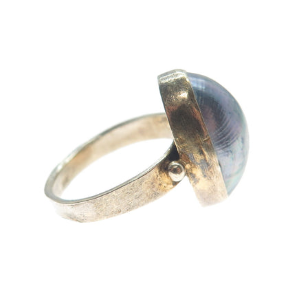 925 Sterling Silver 2-Tone Vintage Real Mother-of-Pearl Modernist Ring Size 4