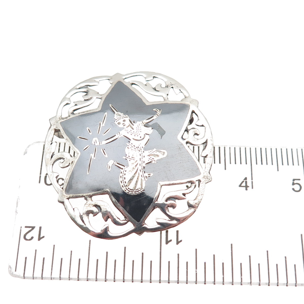925 Sterling Silver Antique Siam Niello Hindu Goddess Oxidized Pin Brooch