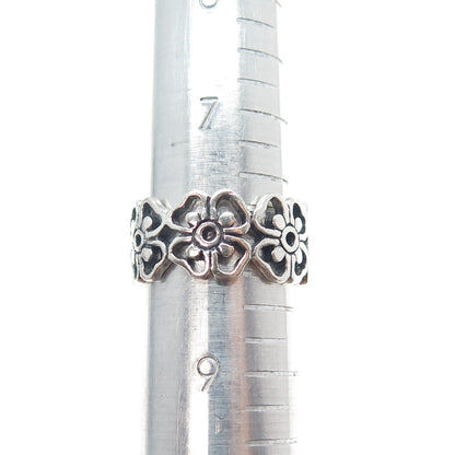 925 Sterling Silver Vintage Flower Blossom Oxidized Band Ring Size 8.25