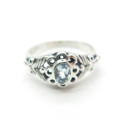 925 Sterling Silver Vintage Real Oval-Cut Blue Topaz Flower Ring Size 5.25