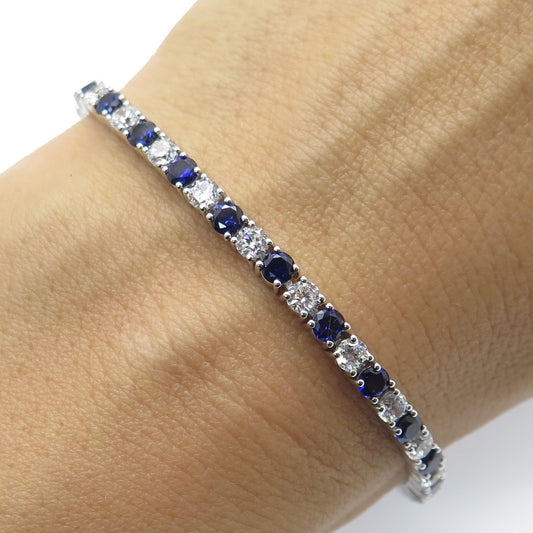 SAI 925 Sterling Silver Lab-Created Sapphire & C Z Tennis Link Bracelet 7.25"