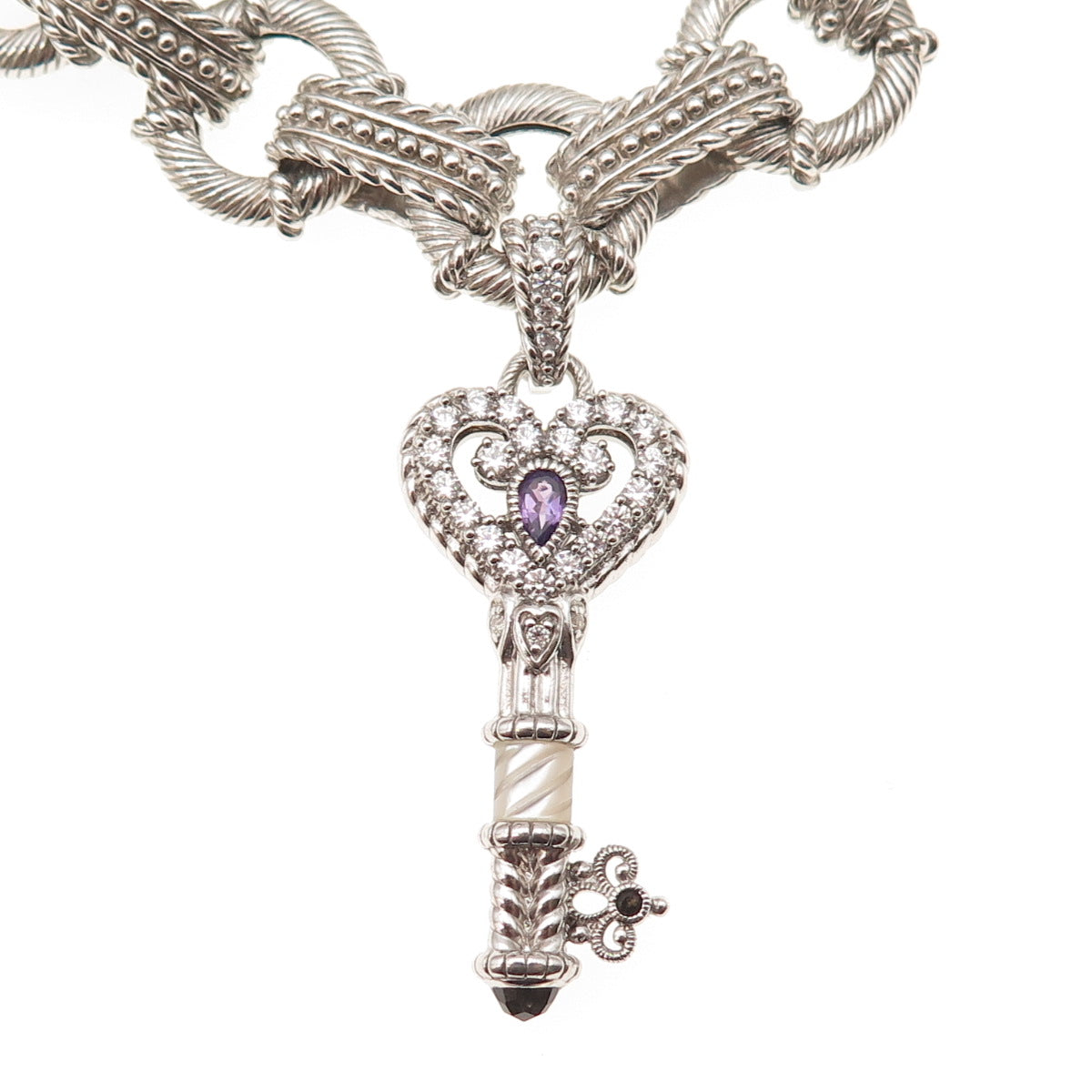 Judith Ripka 925 Sterling Silver Real Multi-Gem & C Z Heart Key Bracelet 7.5"