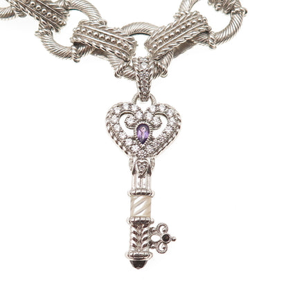 Judith Ripka 925 Sterling Silver Real Multi-Gem & C Z Heart Key Bracelet 7.5"