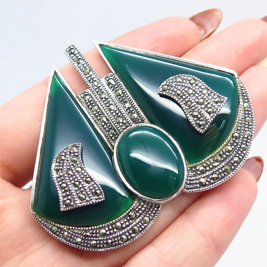 925 Sterling Silver Vintage Real Green Onyx & Marcasite Gemstone Pin Brooch