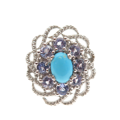 Chuck Clemency 925 Sterling Silver Real Turquoise & Tanzanite Floral Ring Size 6