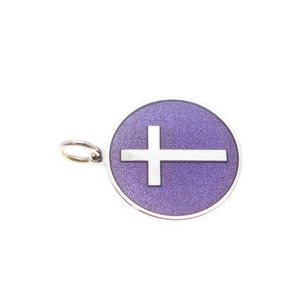 925 Sterling Silver Purple Enamel Cross Round Tag Minimalist Charm Pendant
