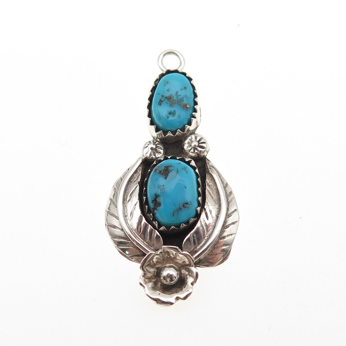 Old Pawn Sterling Silver Vintage Southwestern Turquoise Floral & Feather Pendant