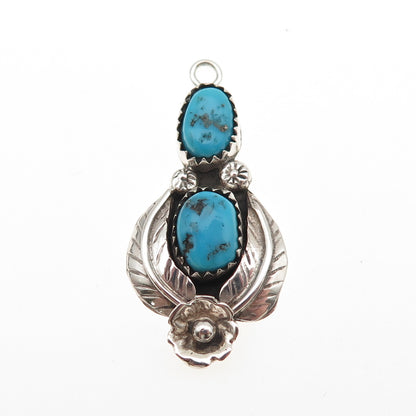 Old Pawn Sterling Silver Vintage Southwestern Turquoise Floral & Feather Pendant