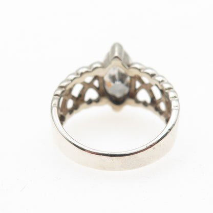 925 Sterling Silver Vintage Marquise-Cut C Z Heart Link Ring Size 6