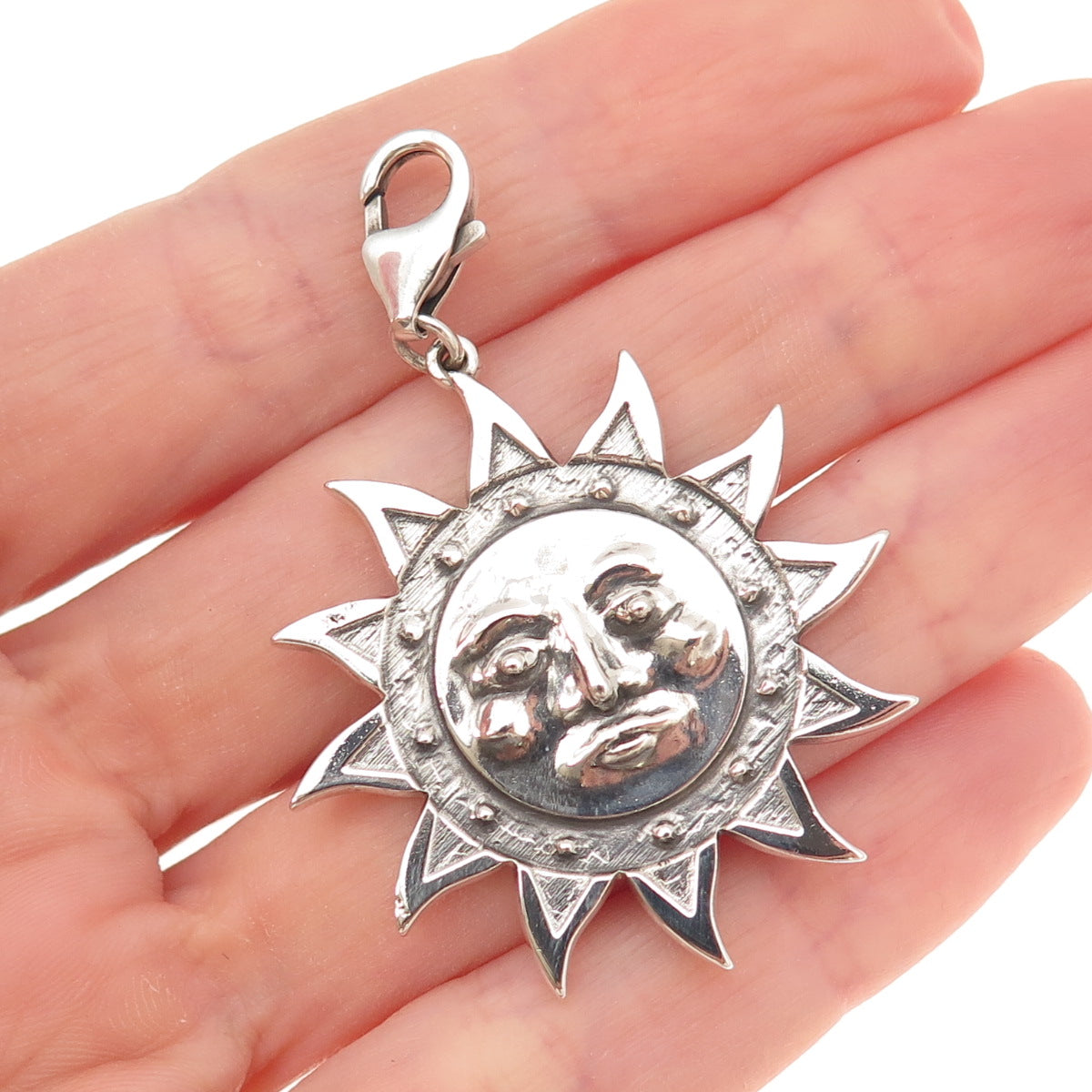 925 Sterling Silver Vintage Sun Face Lobster Lock Clasp Oxidized Pendant