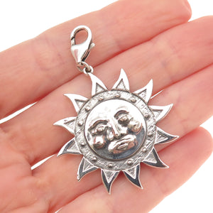 925 Sterling Silver Vintage Sun Face Lobster Lock Clasp Oxidized Pendant