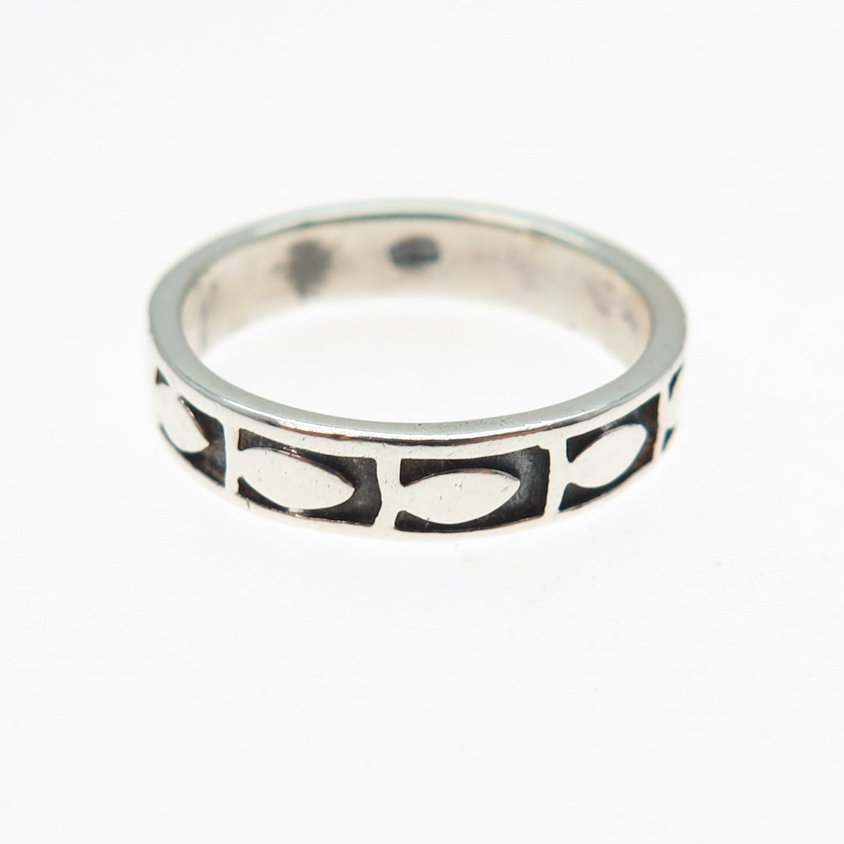 925 Sterling Silver Vintage Modernist Egg Pattern Oxidized Band Ring Size 7