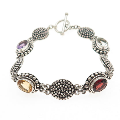 SUARTI BALI Sterling Vintage Prasiolite Amethyst Garnet & Citrine Bracelet 7.25"