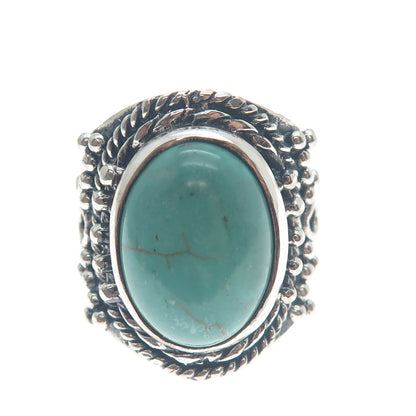 925 Sterling Silver Vintage Real Lone Mountain Turquoise Beaded Ring Size 9.5