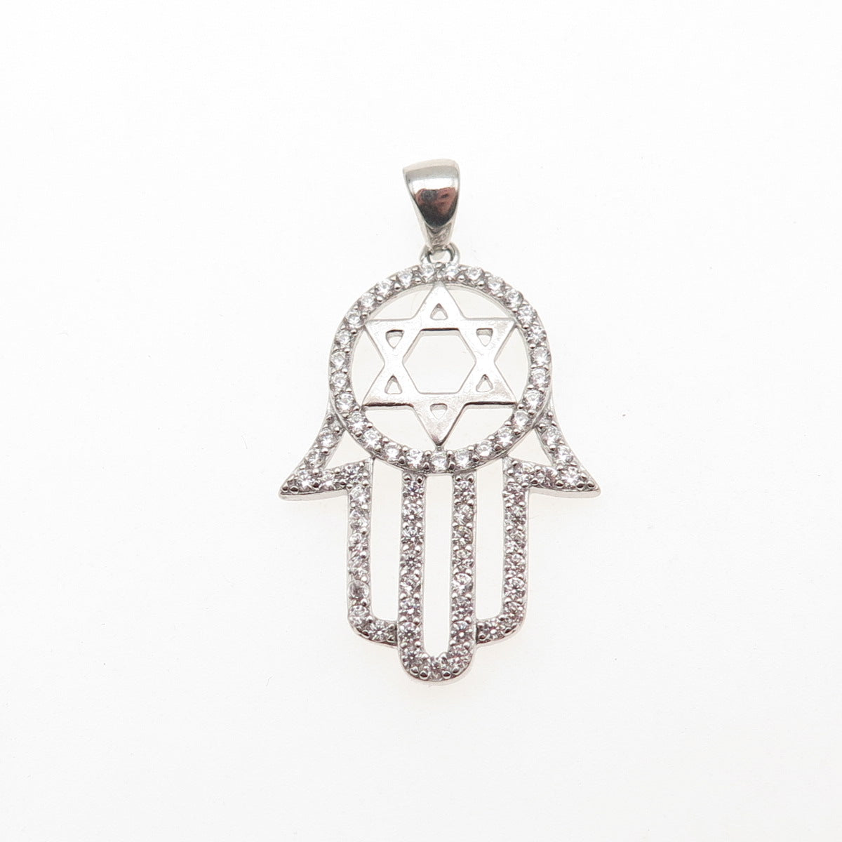 925 Sterling Silver Round-Cut C Z Star of David Hamsa Amulet Charm Pendant