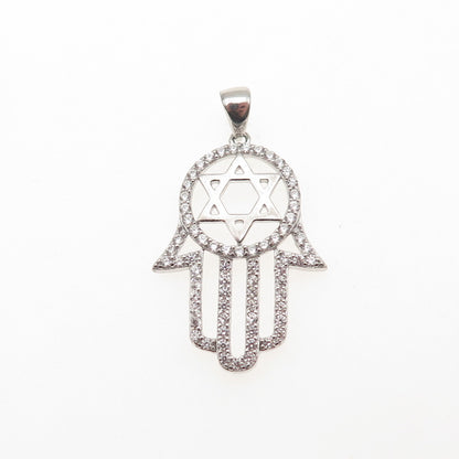 925 Sterling Silver Round-Cut C Z Star of David Hamsa Amulet Charm Pendant