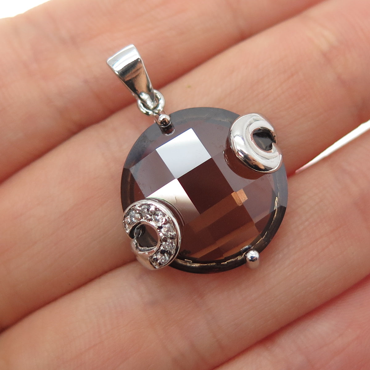 925 Sterling Silver Round-Cut Cognac & White C Z Charm Pendant