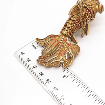 925 Sterling Silver Gold Plated Antique Enamel Chinese Koi Fish Chatelaine Fob