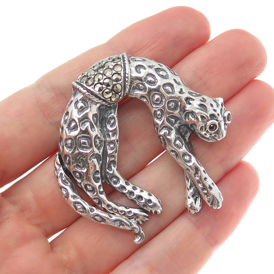 925 Sterling Silver Vintage Garnet Marcasite Movable Leopard Pin Brooch Pendant