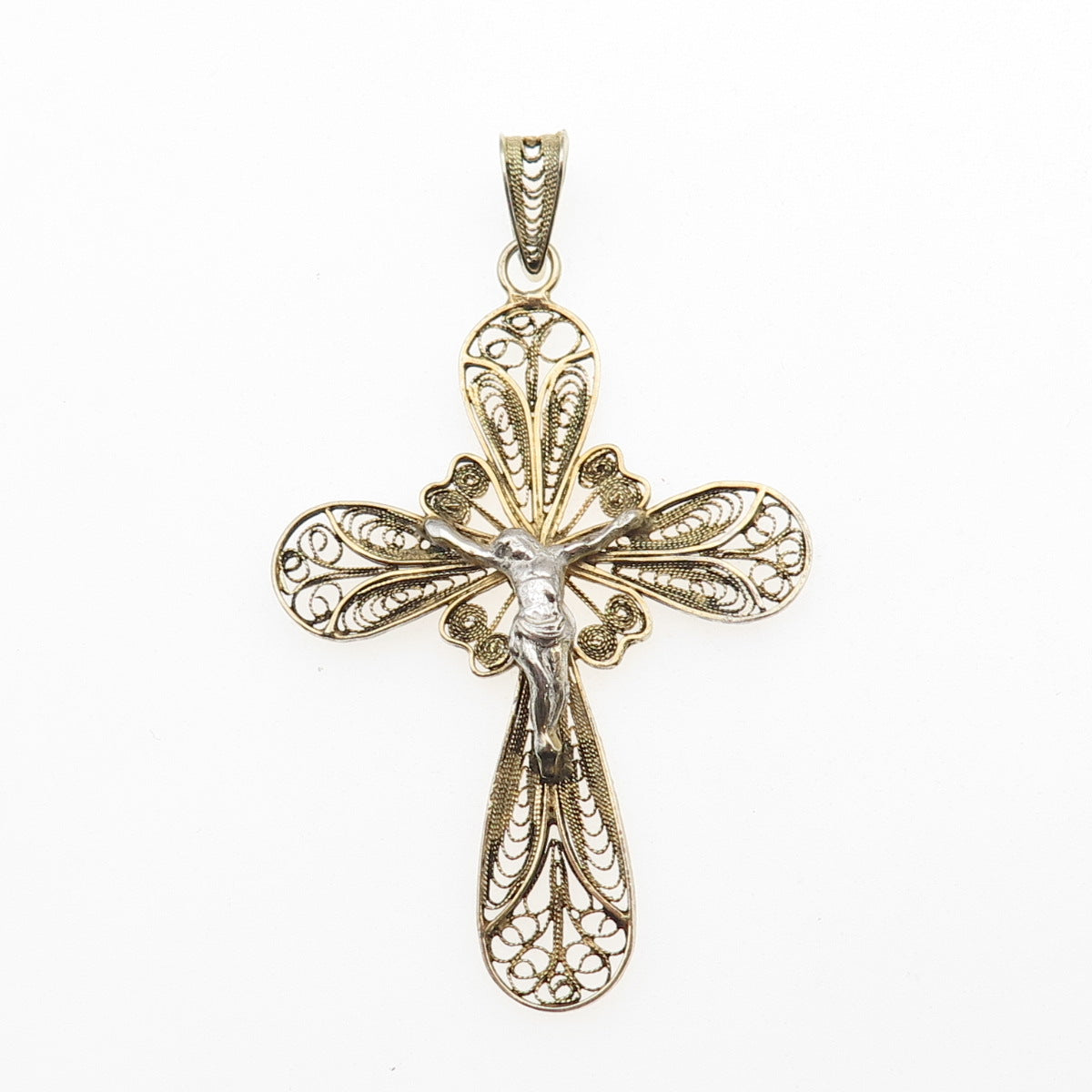 800 Silver 2-Tone Vintage Italy Crucifix Cross Filigree Charm Pendant