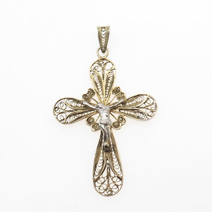 800 Silver 2-Tone Vintage Italy Crucifix Cross Filigree Charm Pendant