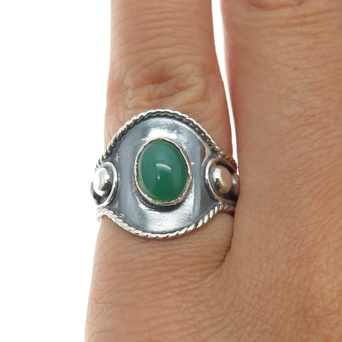 925 Sterling Silver Vintage Mexico Real Green Chalcedony Beaded Ring Size 5.25