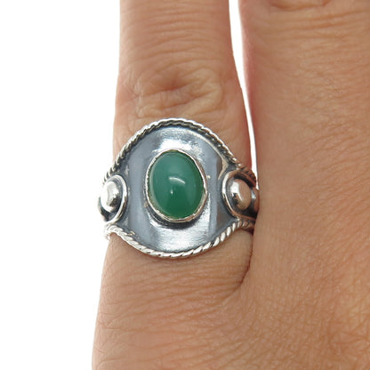 925 Sterling Silver Vintage Mexico Real Green Chalcedony Beaded Ring Size 5.25
