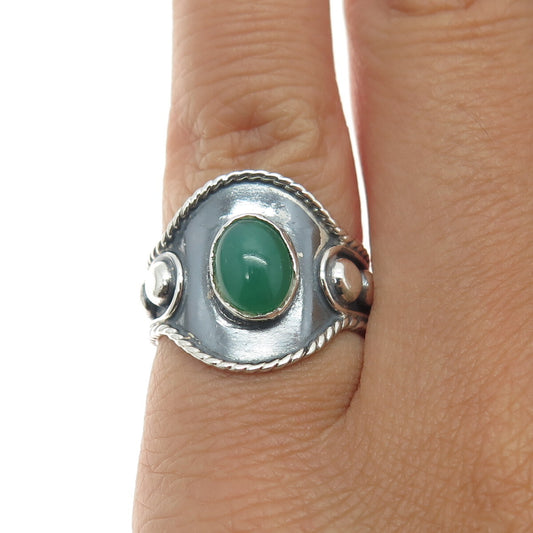 925 Sterling Silver Vintage Mexico Real Green Chalcedony Beaded Ring Size 5.25