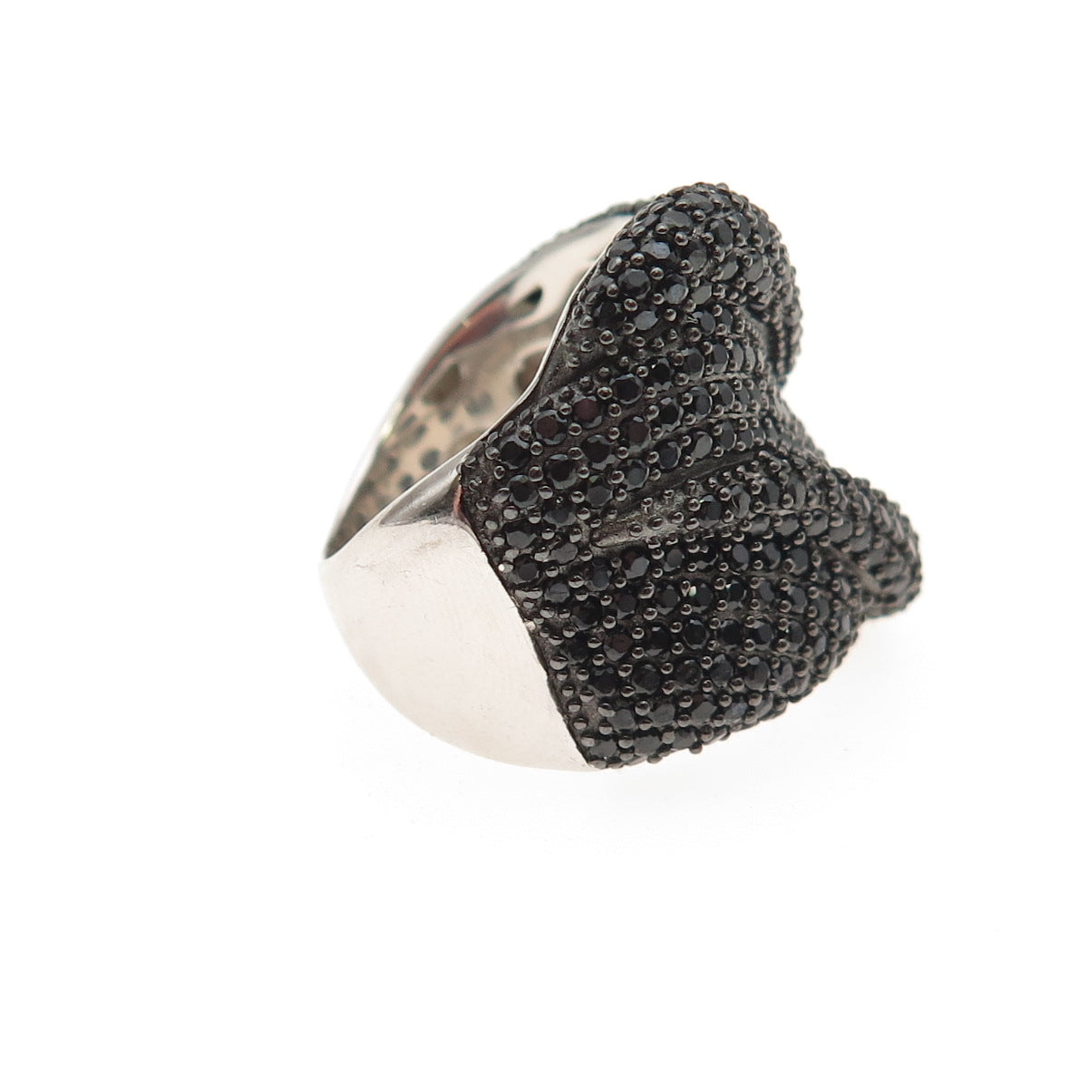 925 Sterling Silver Real Round-Cut Black Spinel Wavy Ring Size 5.25