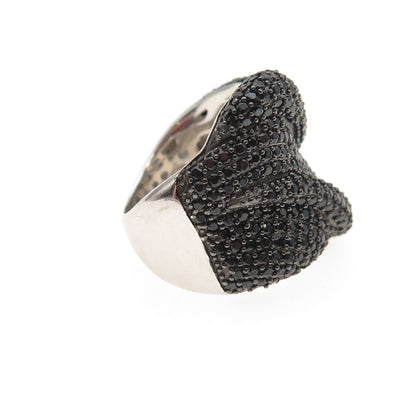 925 Sterling Silver Real Round-Cut Black Spinel Wavy Ring Size 5.25