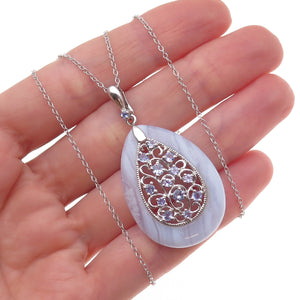 925 Sterling Silver Real Lace Agate Tanzanite Teardrop Cable Chain Necklace 18"
