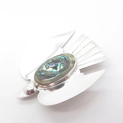 925 Sterling Silver Vintage Mexico Real Cabochon Abalone Shell Bird Pin Brooch