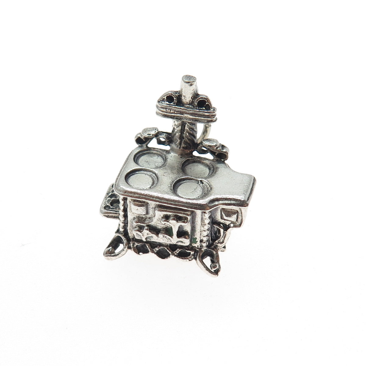 BEAU Sterling Silver Vintage Old Cast Iron Stove Oxidized Mini 3D Charm Pendant